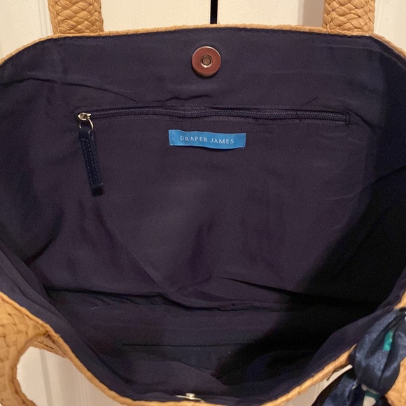 Draper James straw bag with navy floral scarf. - Picture 3 of 3